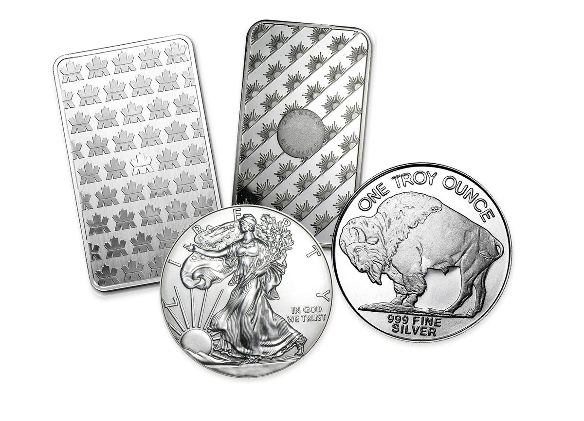 Real silver bullion coins and bars in a layered example arrangement for Bullion Bundle™ by Altrukom. Designs vary.