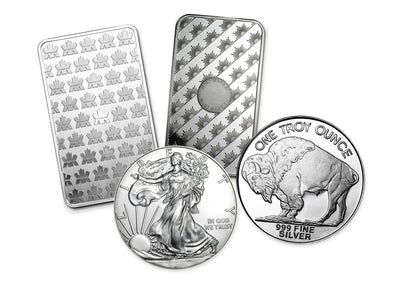 Real silver bullion coins and bars in a layered example arrangement for Bullion Bundle™ by Altrukom. Designs vary.