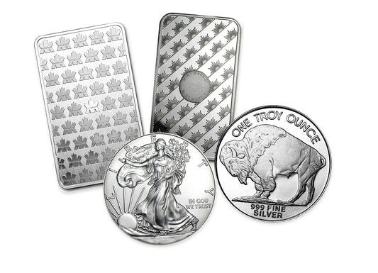 Real silver bullion coins and bars in a layered example arrangement for Bullion Bundle™ by Altrukom. Designs vary.