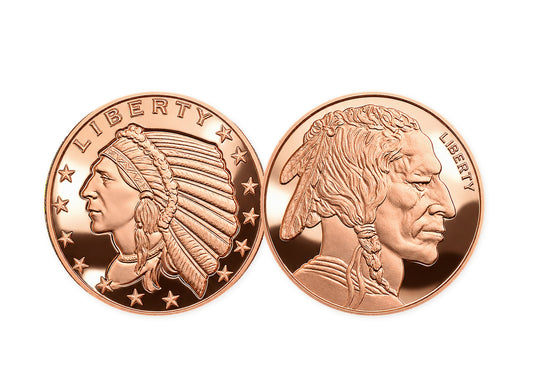 2 one-ounce copper rounds in a spaced, layered illustration of the $10 Copper Bullion Bundle™ by Altrukom Bullion. Actual designs and finish may vary.