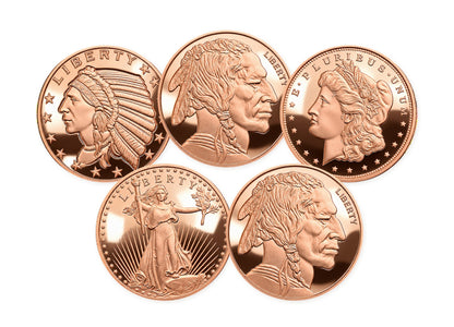 5 one-ounce copper rounds in a spaced, layered illustration of the $25 Copper Bullion Bundle™ by Altrukom Bullion. Actual designs and finish may vary.