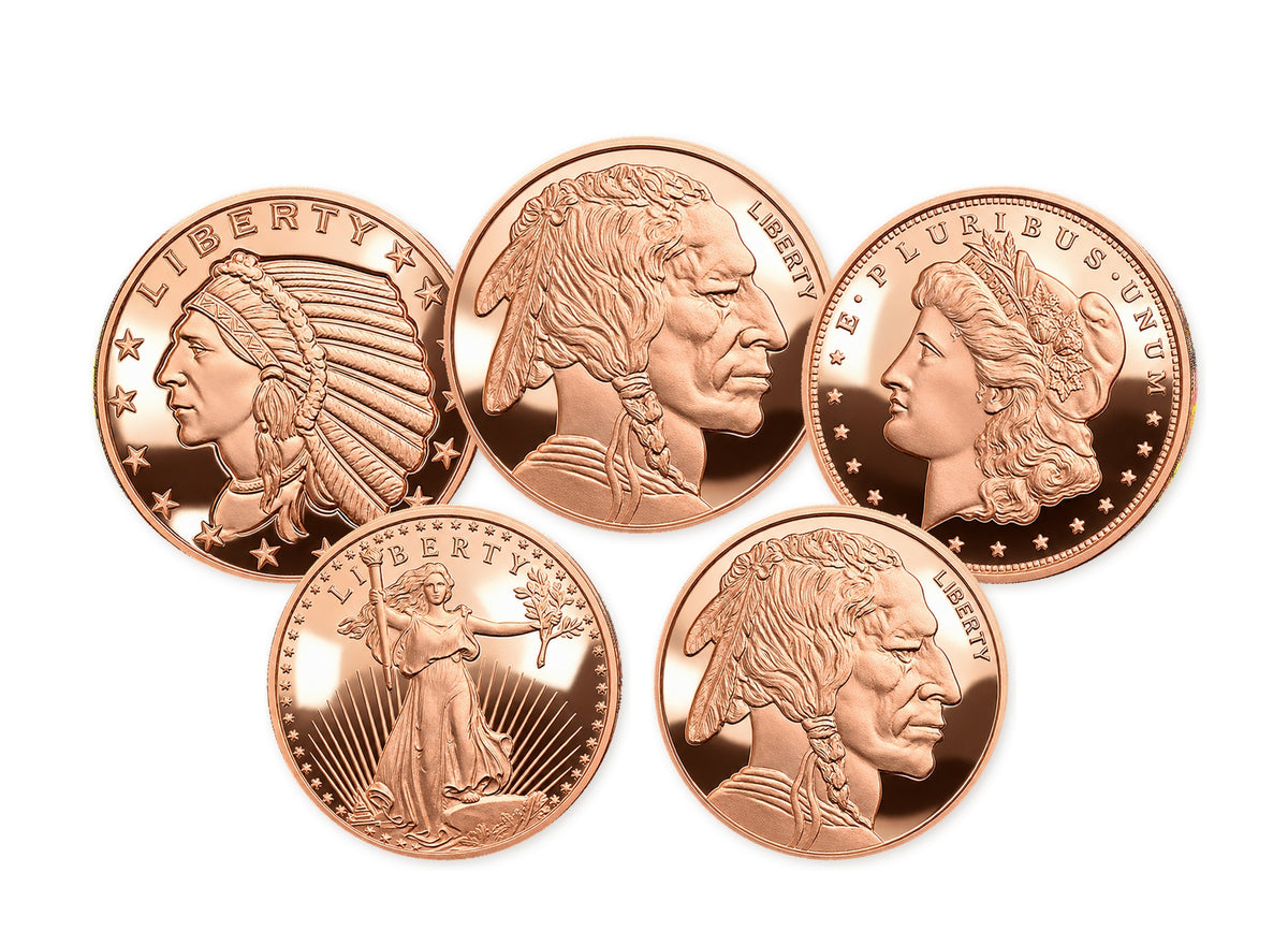 10 one-ounce copper rounds in a spaced, layered illustration of the $50 Copper Bullion Bundle™ by Altrukom Bullion. Actual designs and finish may vary.