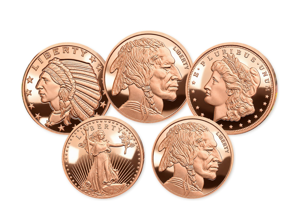 15 one-ounce copper rounds in a spaced, layered illustration of the $75 Copper Bullion Bundle™ by Altrukom Bullion. Actual designs and finish may vary.