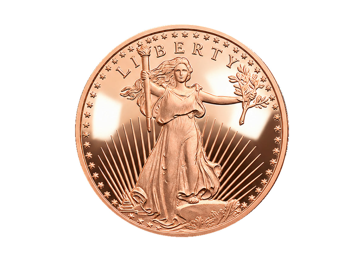 Saint-Gaudens 1 oz Copper Round front obverse design, polished copper finish on a white background — Altrukom Bullion.