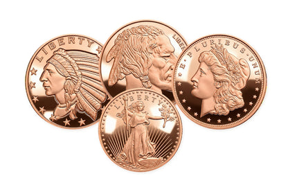 Four shiny copper rounds in a layered assortment — Altrukom Bullion. Example designs and finish; actual selection varies.