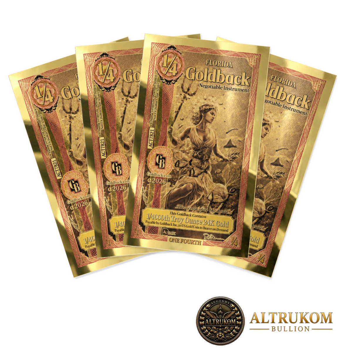 2026 Florida quarter Alpha Goldbacks — four-note fanned pack