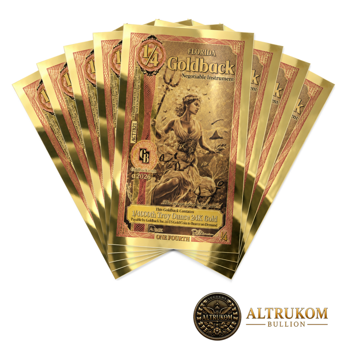 2026 Florida quarter Alpha Goldbacks — eight-note fanned pack