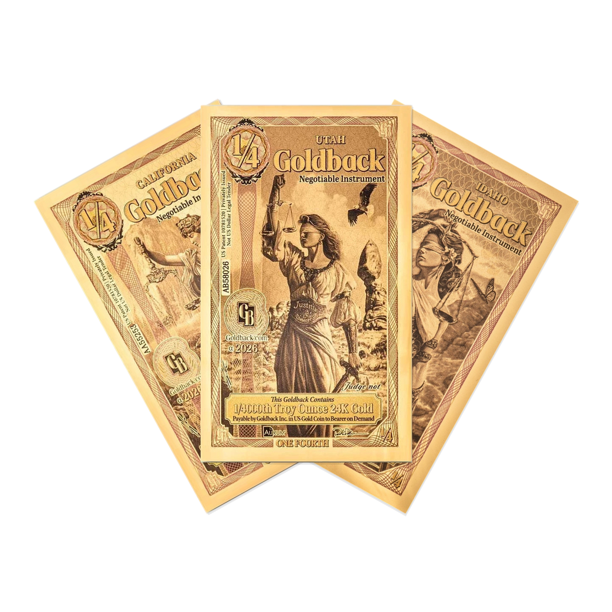 2026 California, Utah and Idaho 1/4 Goldback 3-note set — 1 of each state, 0.75 GB total