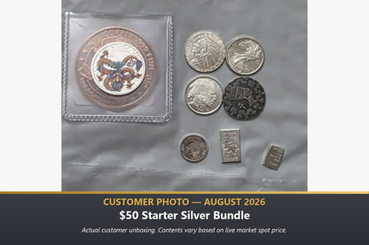 Real customer photo of the $50 Starter Silver Bullion Bundle™ by Altrukom Bullion with assorted silver coins and fractional bars, August 2026.