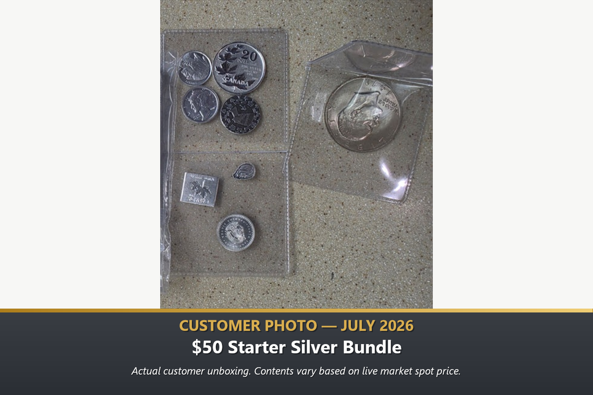 Real customer unboxing of the $50 Starter Silver Bullion Bundle™ by Altrukom Bullion featuring Canadian silver coins and fractional silver, July 2026.