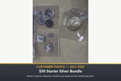 Real customer unboxing of the $50 Starter Silver Bullion Bundle™ by Altrukom Bullion featuring Canadian silver coins and fractional silver, July 2026.