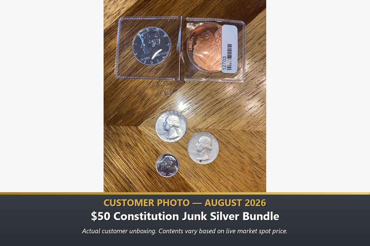 Real customer photo of the $50 Constitutional Junk Silver Bullion Bundle™ by Altrukom Bullion with U.S. silver coins, August 2026.