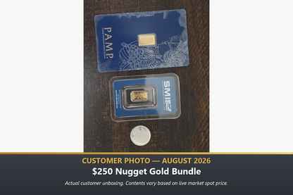 Real customer photo of the $250 Nugget Gold Bullion Bundle™ by Altrukom Bullion with packaged fractional gold bars, August 2026.