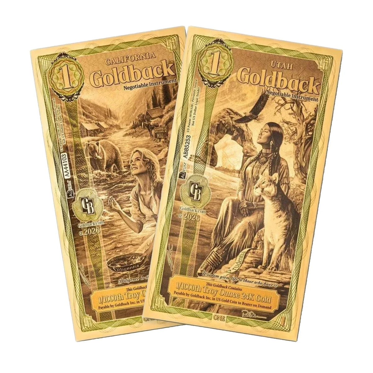 2026 California Utah 1 Goldback Pair Alpha Series 24K Gold Notes — pack front view