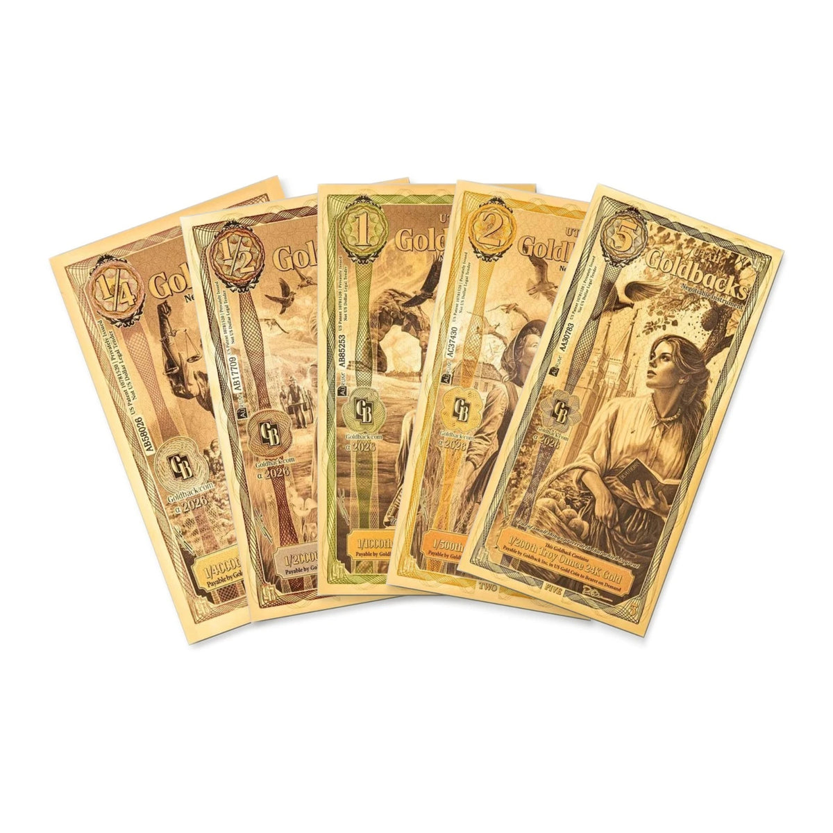 2026 Utah Goldback 5-Denomination Set 1/4 1/2 1 2 5 Alpha Series — pack front view