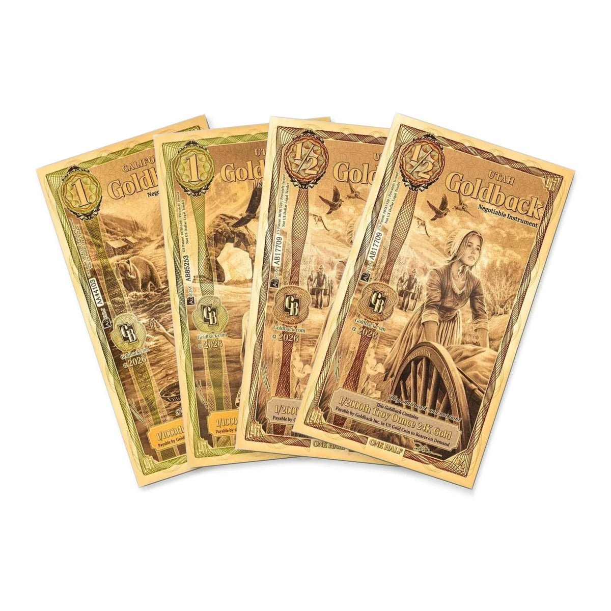 2026 Goldback Set: California 1 + Utah 1 + 2x Utah 1/2 - 4 Notes Alpha 24K Gold — pack front view