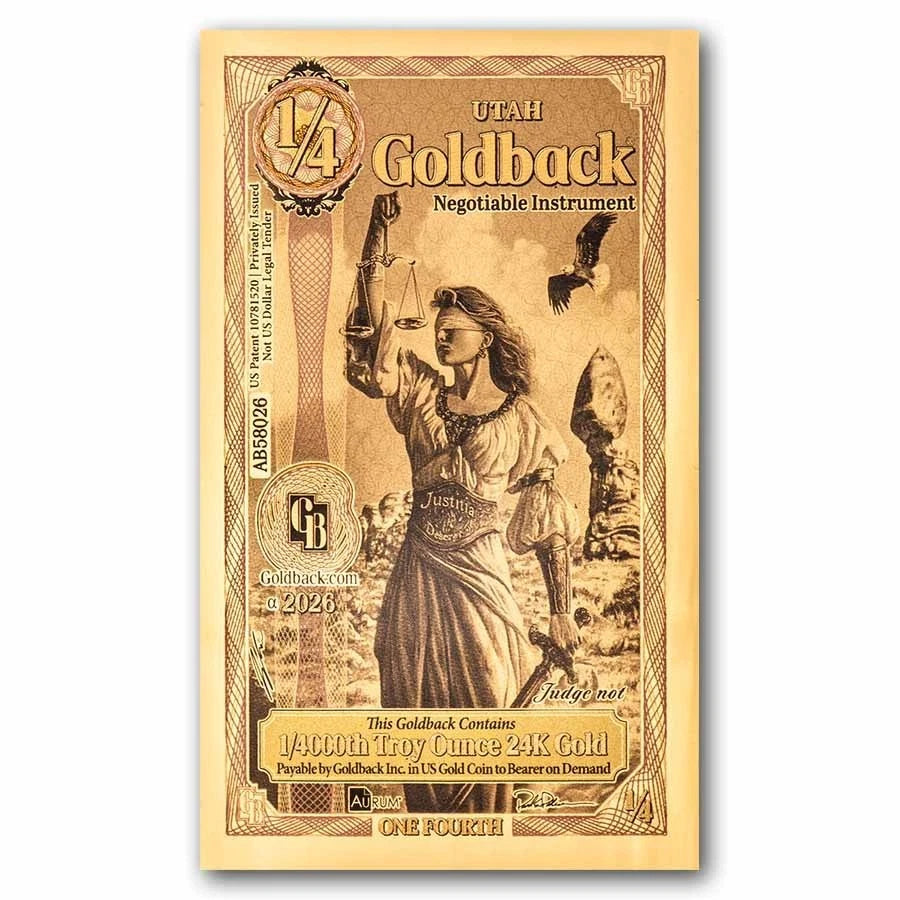 2026 Utah 1/4 Goldback Alpha Series — single-note front