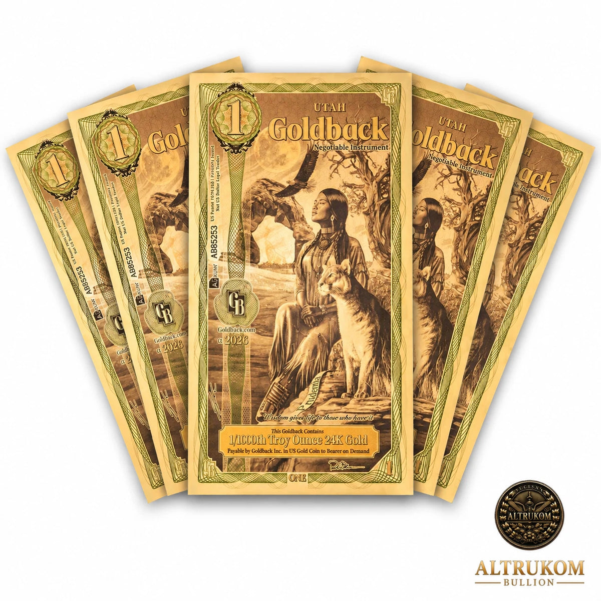 2026 Utah 1 Goldback 5-Pack Alpha Series 24K Gold Notes — pack front view