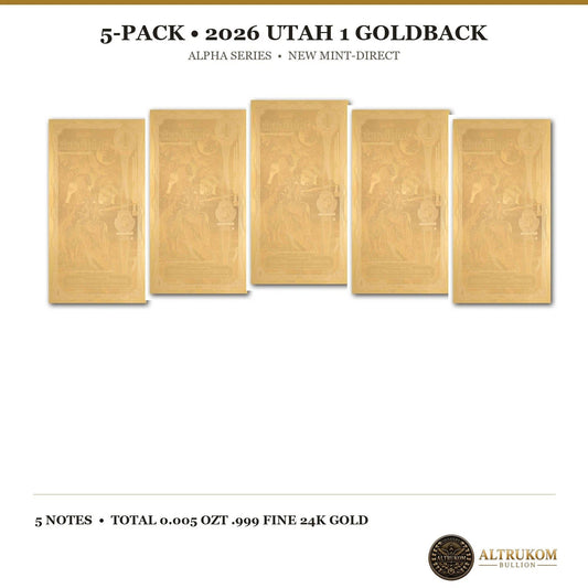 2026 Utah 1 Goldback 5-Pack Alpha Series 24K Gold Notes — pack reverse view