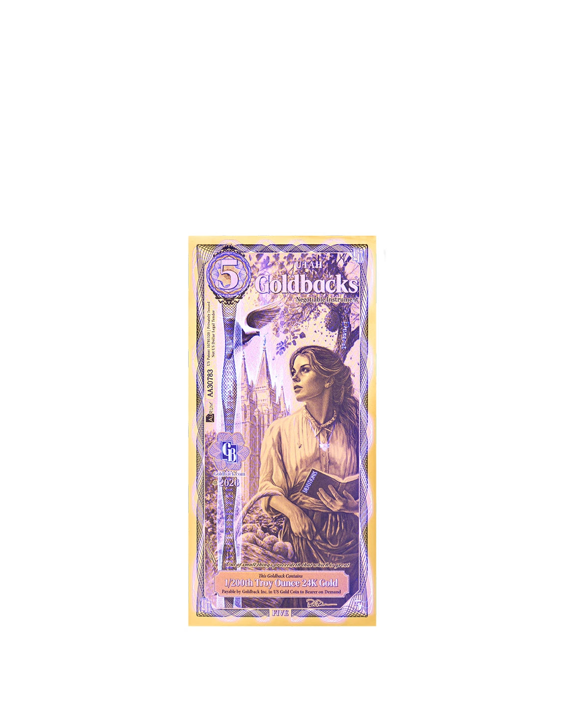 2026 Utah 5 Goldback Alpha Series — single-note UV security view