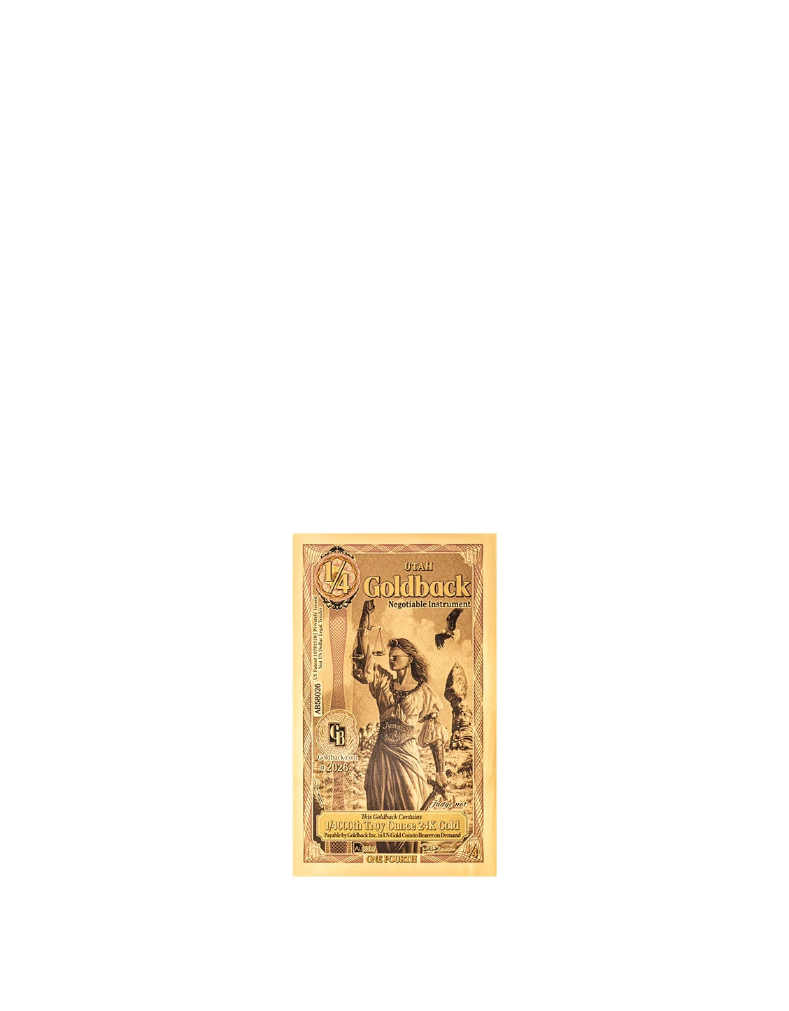 2026 Utah 1/4 Goldback Alpha Series — single-note front