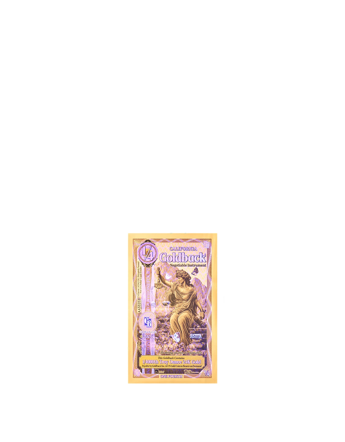 2026 California 1/4 Goldback Alpha Series — single-note UV security view
