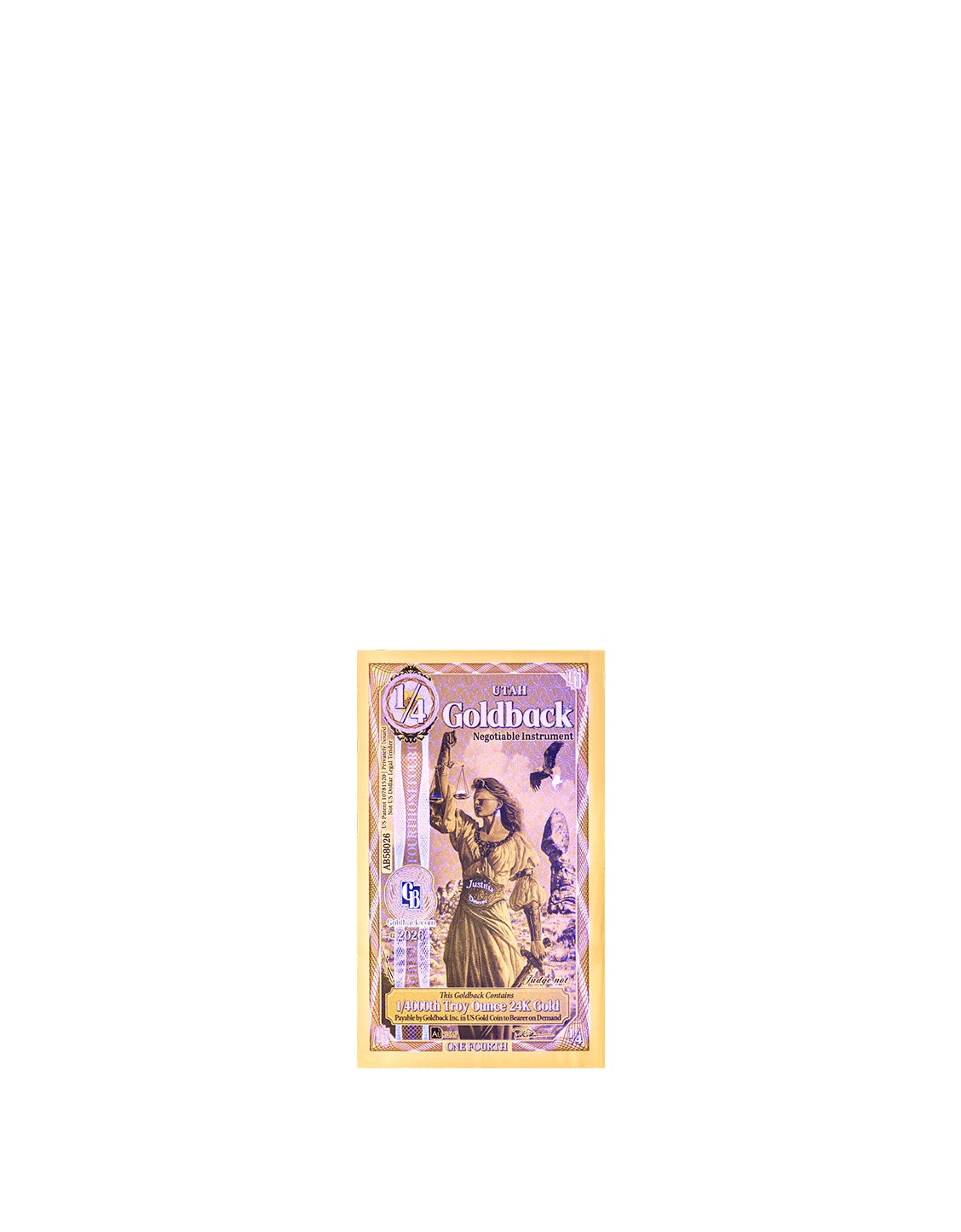 2026 Utah 1/4 Goldback Alpha Series — single-note UV security view