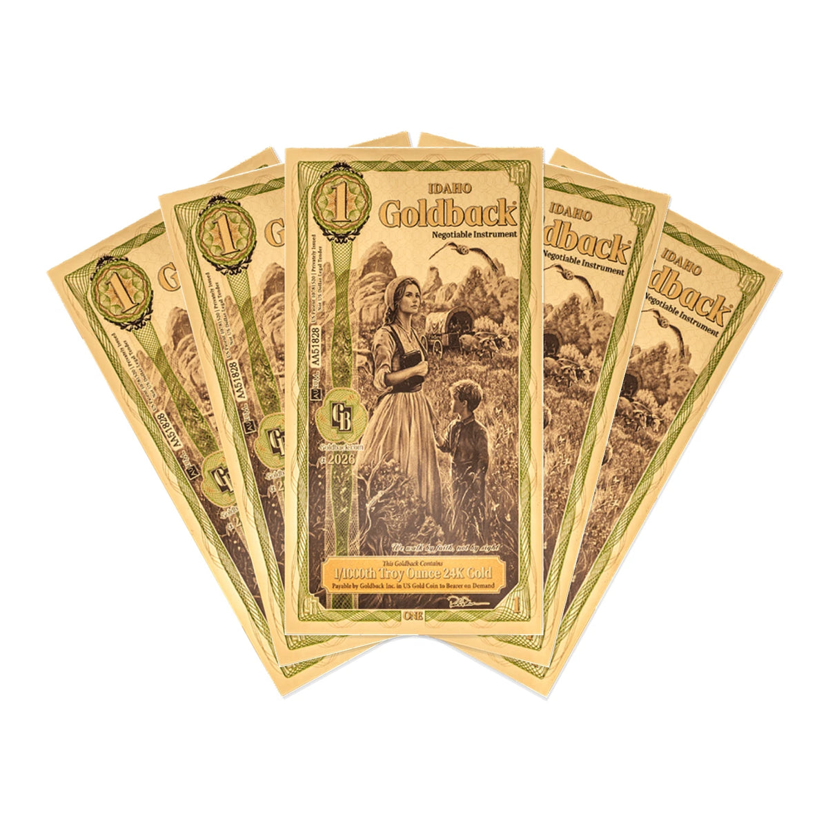 2026 Idaho 1 Goldback 5 Note Pack Alpha 24K Gold 5 GB Total — pack front view
