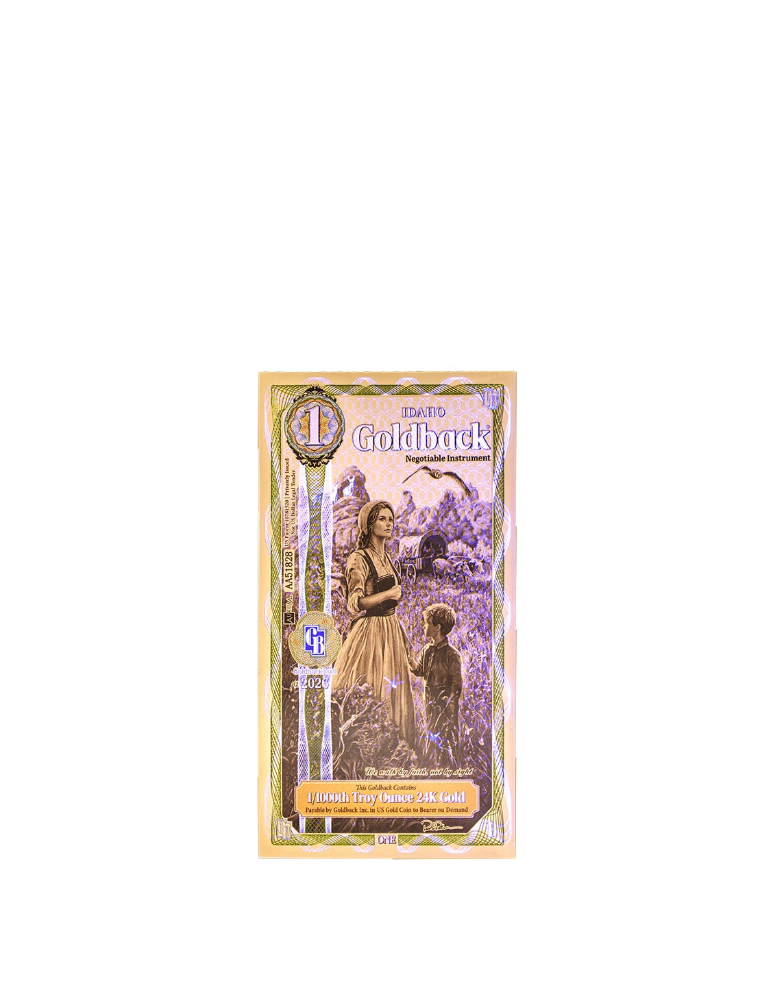 2026 Idaho 1 Goldback Alpha Series — single-note UV security view