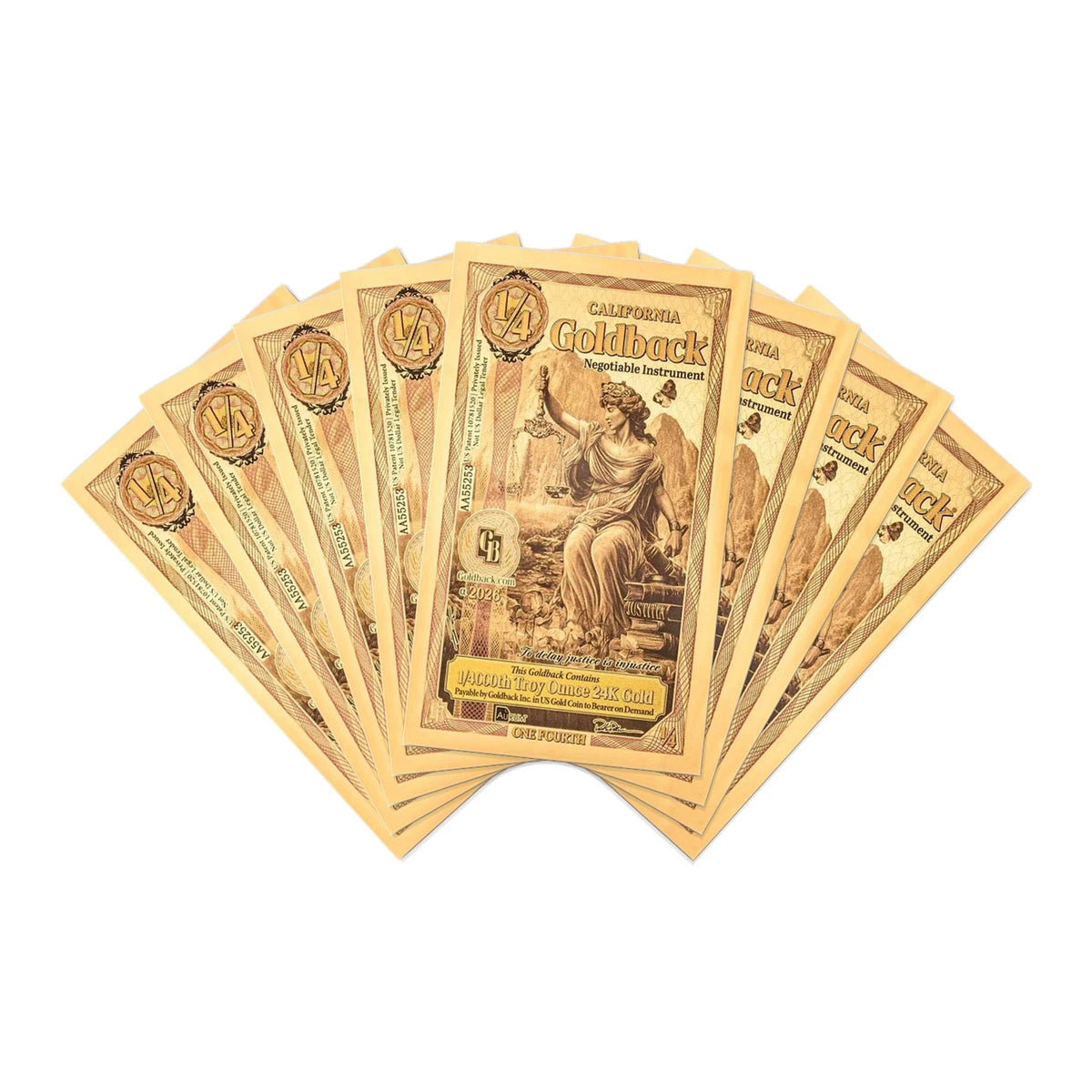 2026 California 1/4 Goldback 8 Note Pack Alpha 24K Gold 2 GB Total — pack front view