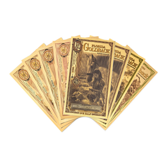 CA UT ID FL Goldback 8-Note Set: 4x 1/4, 2x 1/2, 2x 1 GB 24K Gold — pack front view