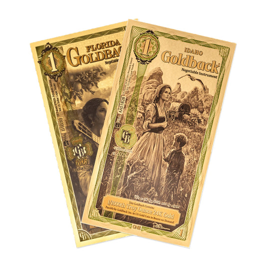 Florida Idaho 1 Goldback 2 Note Set 24K .999 Gold 2 GB Total — pack front view