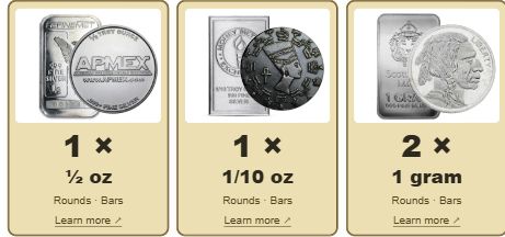 Calculator example showing half-ounce, tenth-ounce and one-gram silver pieces