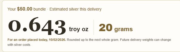 Actual calculator example showing a $50 Silver Bullion Bundle estimate in troy ounces and grams